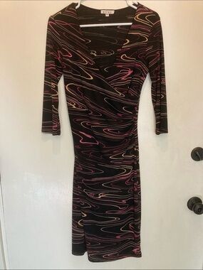 Black Wrap Dress with Pink & Tan Swirl Print